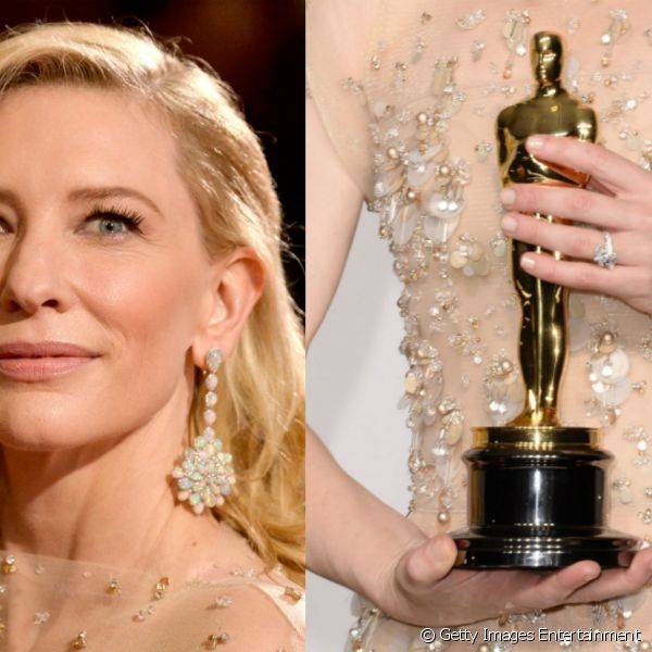 Cate Blanchett escolheu uma maquiagem nude bem natural, com cílios em evidência. Blush rosado nas bochechas, sombra perolada e esmalte branco nas unhas da grande vencedora da noite.